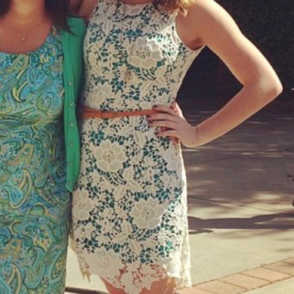 Brise and Blue teal and cream lace dress